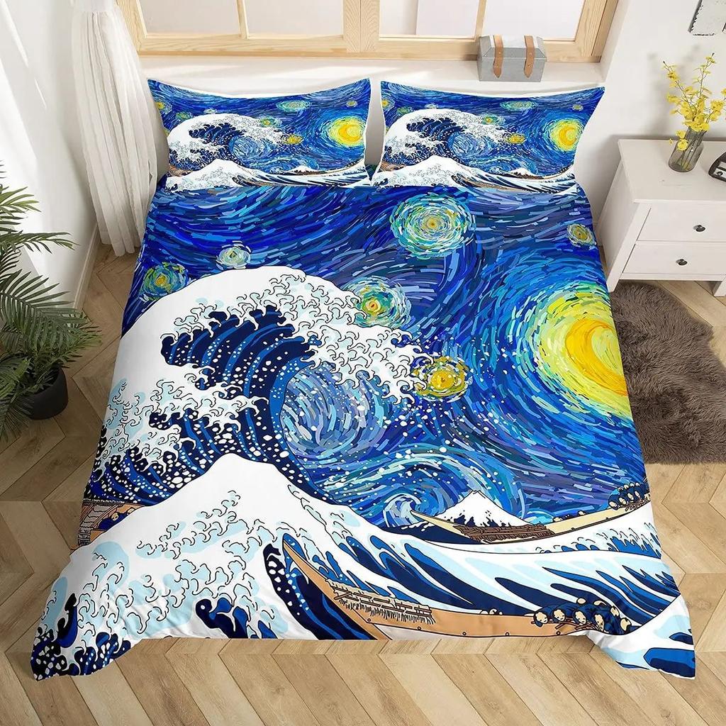 Japanese Wave Duvet Set Three-Piece Set, Japanese Traditional Painting Sea Theme Bedding Set