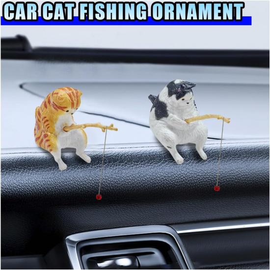 2PCS Cute Fishing Cat Car Accessories - Resin Pussy Dashboard Ornament & Rearview Mirror Decoration for Car Interior, Funny Cartoon Cat Figurines