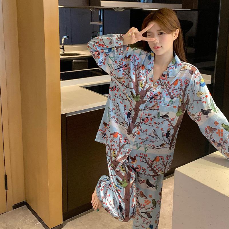High-End Ice Silk Casual Loungewear Cardigan Short-Sleeved Tree Bird Women'S Pajama Set