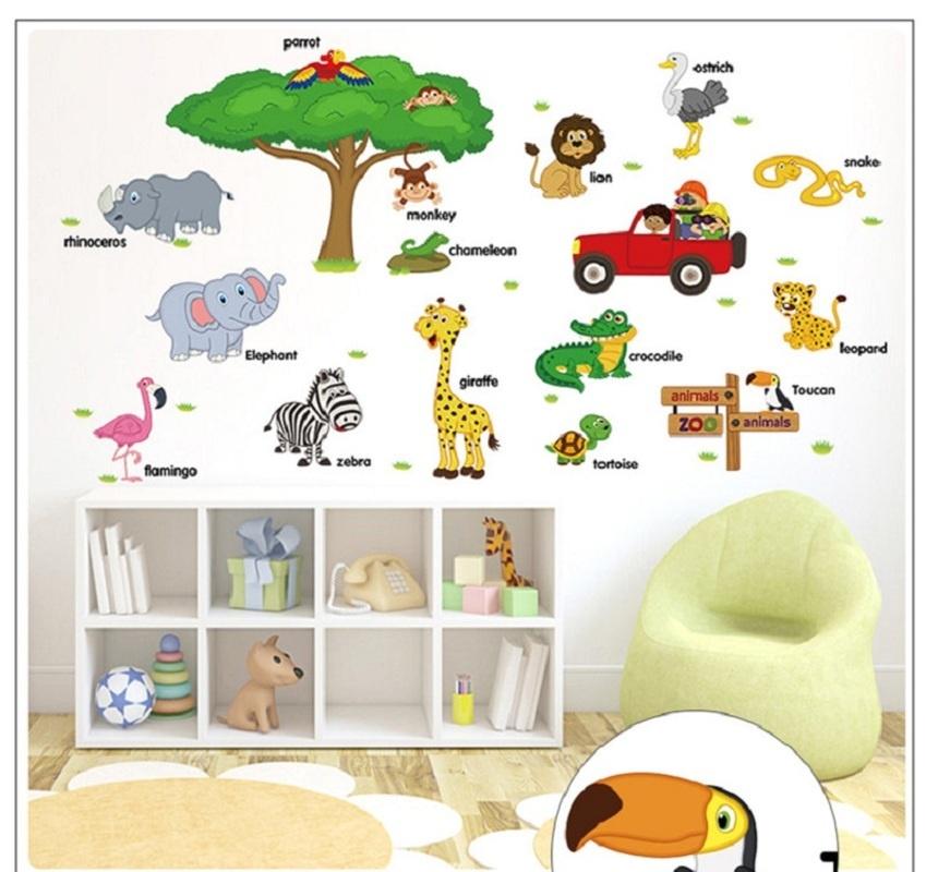 Наклейка на стену для раннего детства, обучение, мультяшные животные, зоопарк, английская настенная бумага