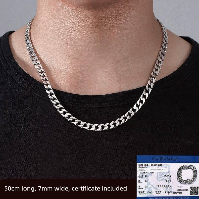 Sterling Silver S925 Cuban Necklace European and American Style Men's Fashion Versatile Unisex Trendy Personality Hip-Hop Chunky Bold Chain