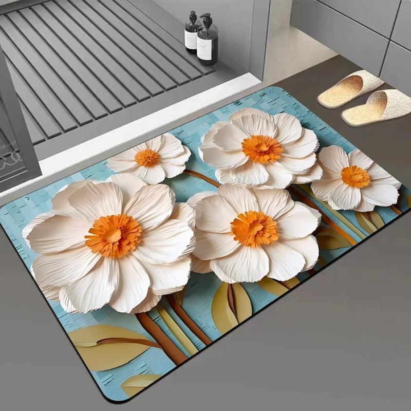 Green Flower Flat Surface Household Bathroom Toilet Absorbent Diatom Mud Floor Mat Non-slip Foot Mat Quick Dry Naked Eye 3D Floor Mat