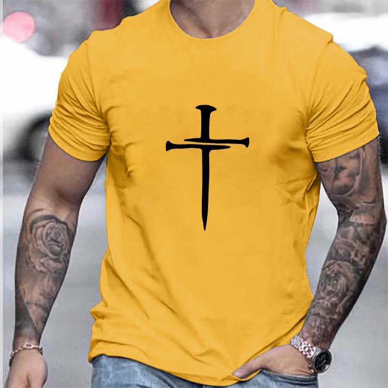 Cotton Short Sleeved Men's T-shirt with Cross Pattern Printed On It, Men's Summer Outdoor Clothing, Daily Style, Fashionable and