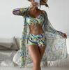 Swimsuit Women's Split Three Piece Set High Waist Long Sleeve Ins Overshirt Drawstring Printed Bikini Suits
