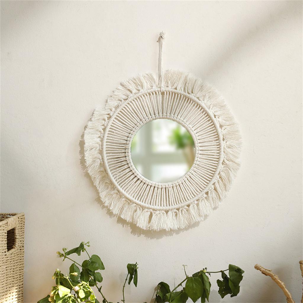 Bohemian Wall Hangings Mirrored with Macrames Woven Fringed Tassels Leaf Pendants Handmade Decorative Makeup Mirrored