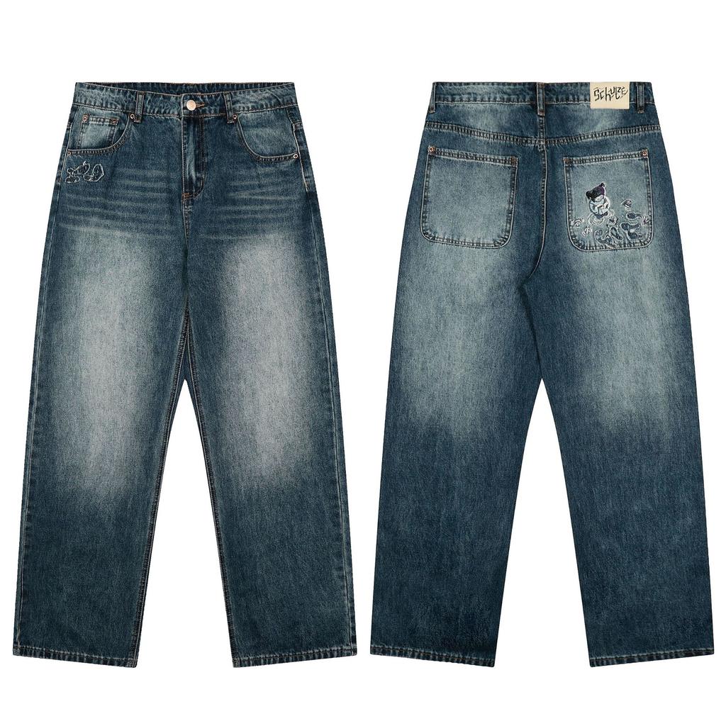 Fish Pond Bear Embroidered Jeans Loose Straight Fit Casual Pants Trousers