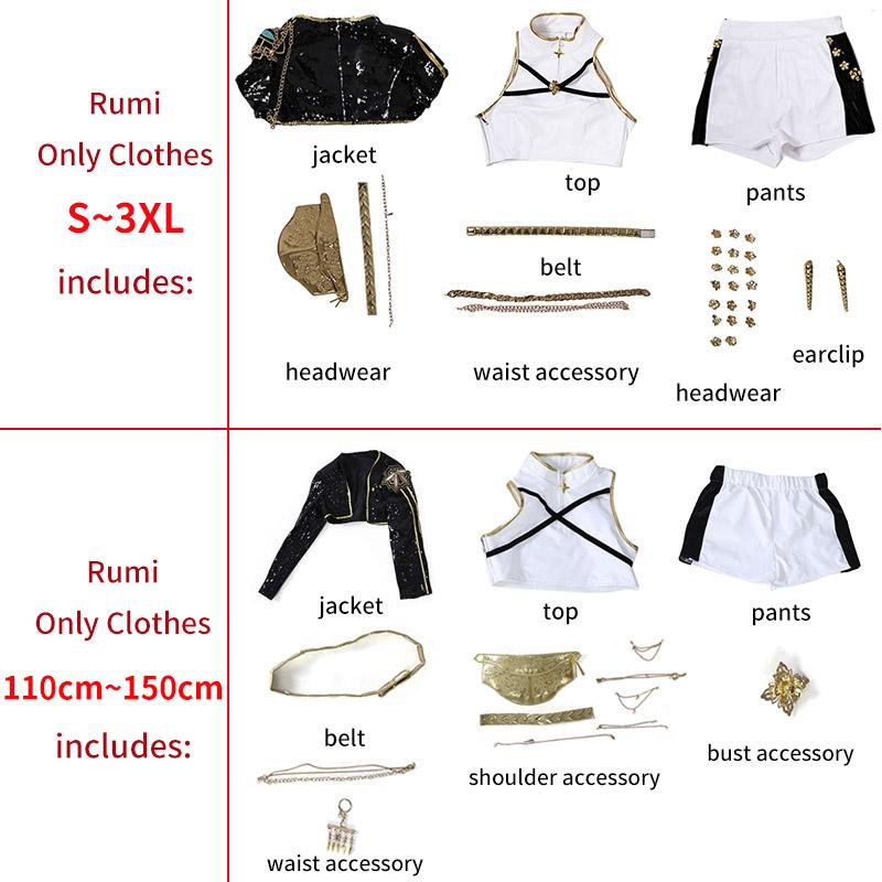 Охотники на демонов Руми Зои Мира Косплей Костюм Парик Черный Костюмы для сценических выступлений K-pop Идол Ролевая игра Наряды на Хэллоуин Карнавал