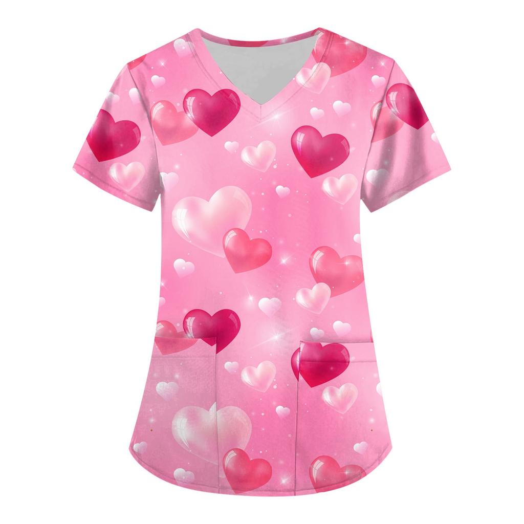 Женская мода, рабочая одежда с v-образным вырезом, короткими рукавами и карманами, топы с принтом ко Дню святого Валентина