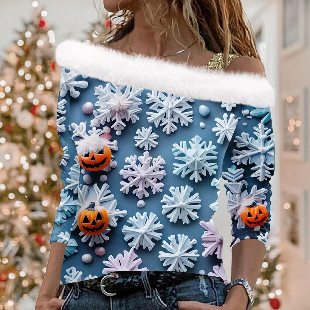 Женский повседневный свободный топ с длинными рукавами и рождественским принтом из плюша