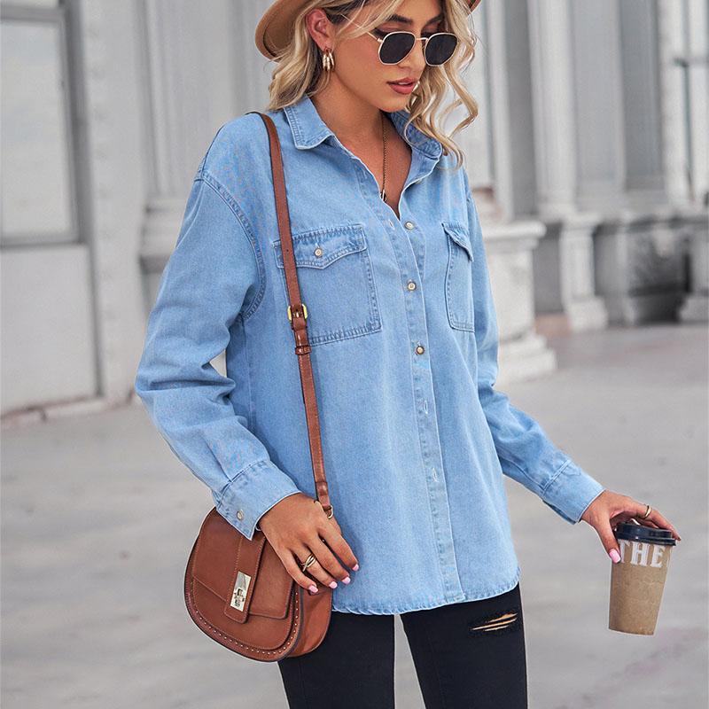 Solid Casual Loose Denim Shirts for Women 2023 Autumn Vintage Women's Oversized Shirts and Blouses Fashion Youth Female Tops