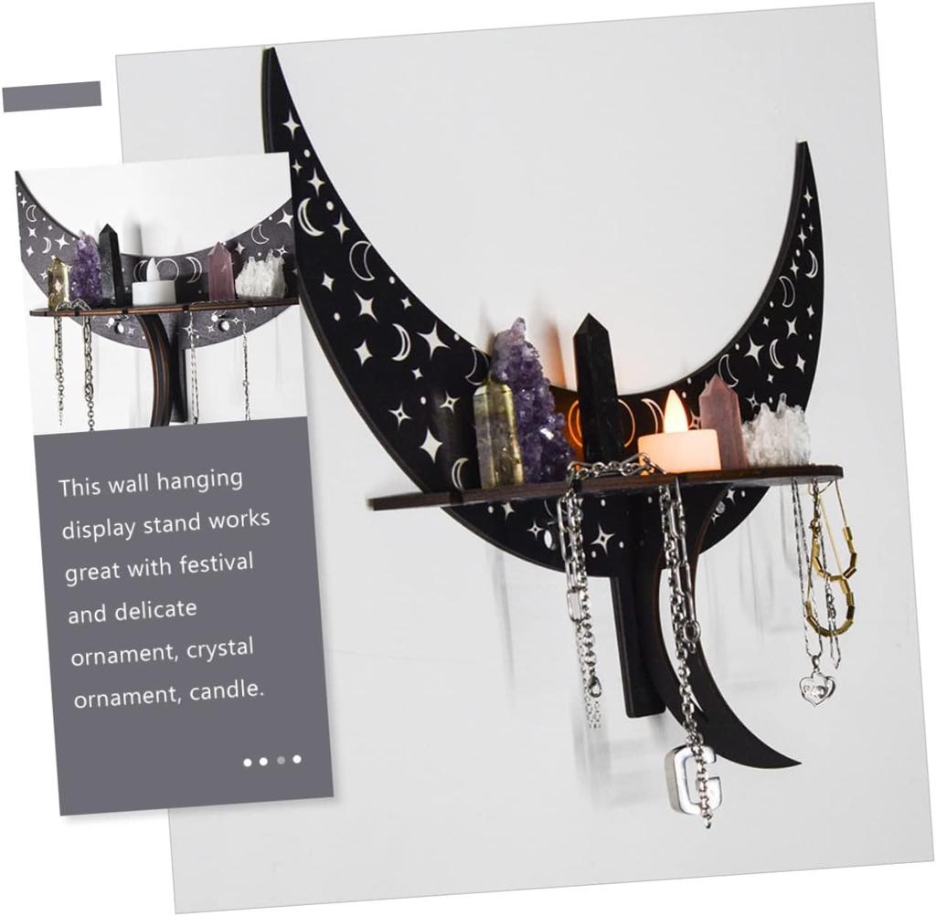Home Decor Shelf Wood Moon Phase Wall Mounted Display Rack for Crystals and Jewelry Aesthetic with Hooks for Stones and Accessories