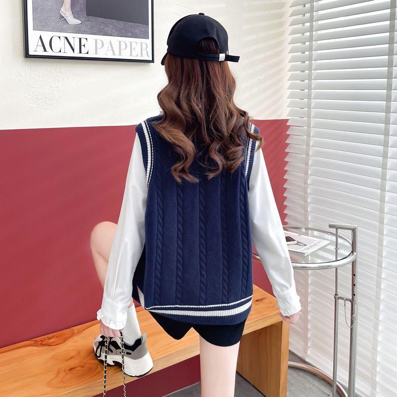 Woolen Knitting Vest for Women Early Autumn 2023 Loose College Style Fried Dough Twists Over Cardigan Sweater Vest Female Tops
