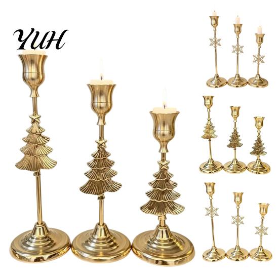 Christmas Table Centerpiece Decorations 3Pcs Tree/Snowflake Taper Candle Holders, 3 Size Gold Candlestick Vintage Festive Snowflake Set Decorative