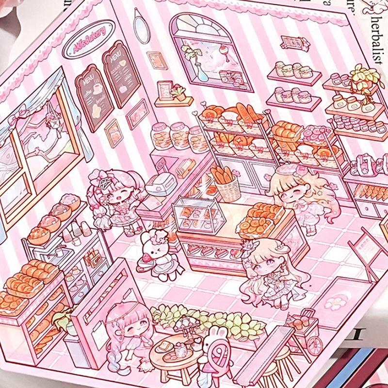 1 набор мультяшных ресторанных миниатюрных сцен для пекарни, 3D-наклеек для ландшафтного дизайна, визуальные трехмерные наклейки для укладки
