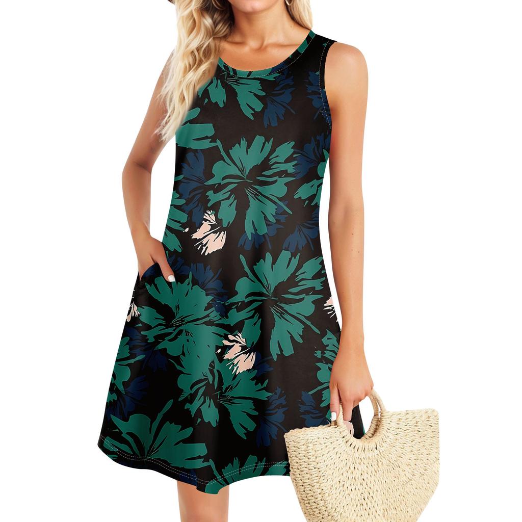 Summer Dresses For Women Beach Boho Sleeveless Printing Flowy Pocket Tshirt Tank Sundresses
