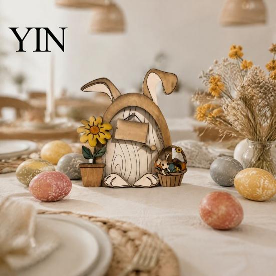 Hand Painted Rabbit Decorations Wooden Fairy Door Decor, 2D Gnome Elf Ornament, Bunny Mushroom Springtime Living Room Embellishments Wood Craft, House
