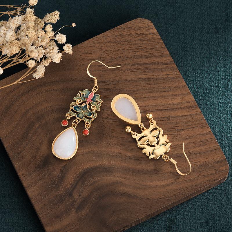 Ретро Национальный Тренд Перегородчатая Эмаль Серьги с Южным Красным Агатом и Белым Жадеитом для Костюмов Ханфу