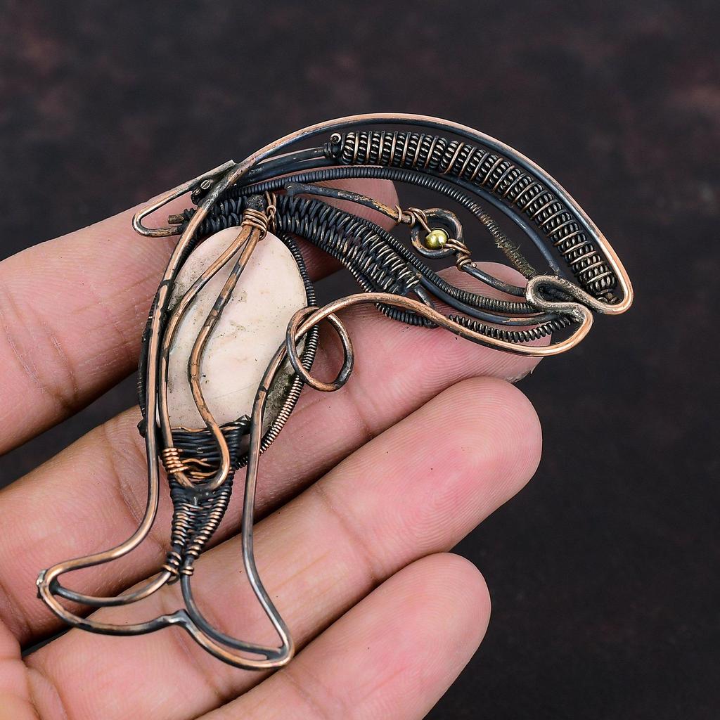 Подвеска из розового опала, подвеска из медной проволоки, подвеска ручной работы, ювелирные изделия из драгоценных камней, подвеска в виде рыбы, подарок для нее, красивые медные украшения