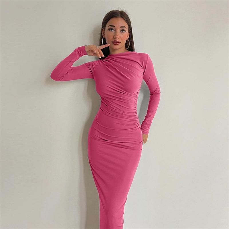 Spring Autumn Slim Fit High-end Feeling Solid Color Temperament Long Hip Hugging Dress for Women