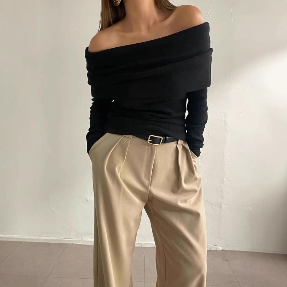 Летний сексуальный вязаный свитер с открытыми плечами и длинными рукавами, однотонный элегантный и модный тонкий короткий свитер для женщин