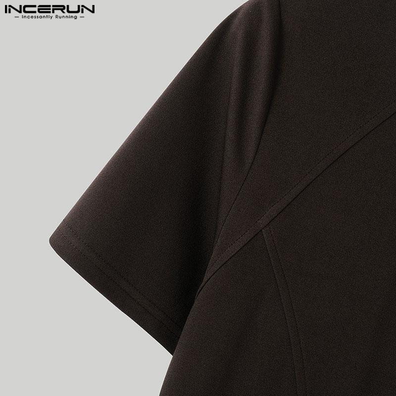 INCERUN Мужские летние футболки с высоким воротом и коротким рукавом на молнии