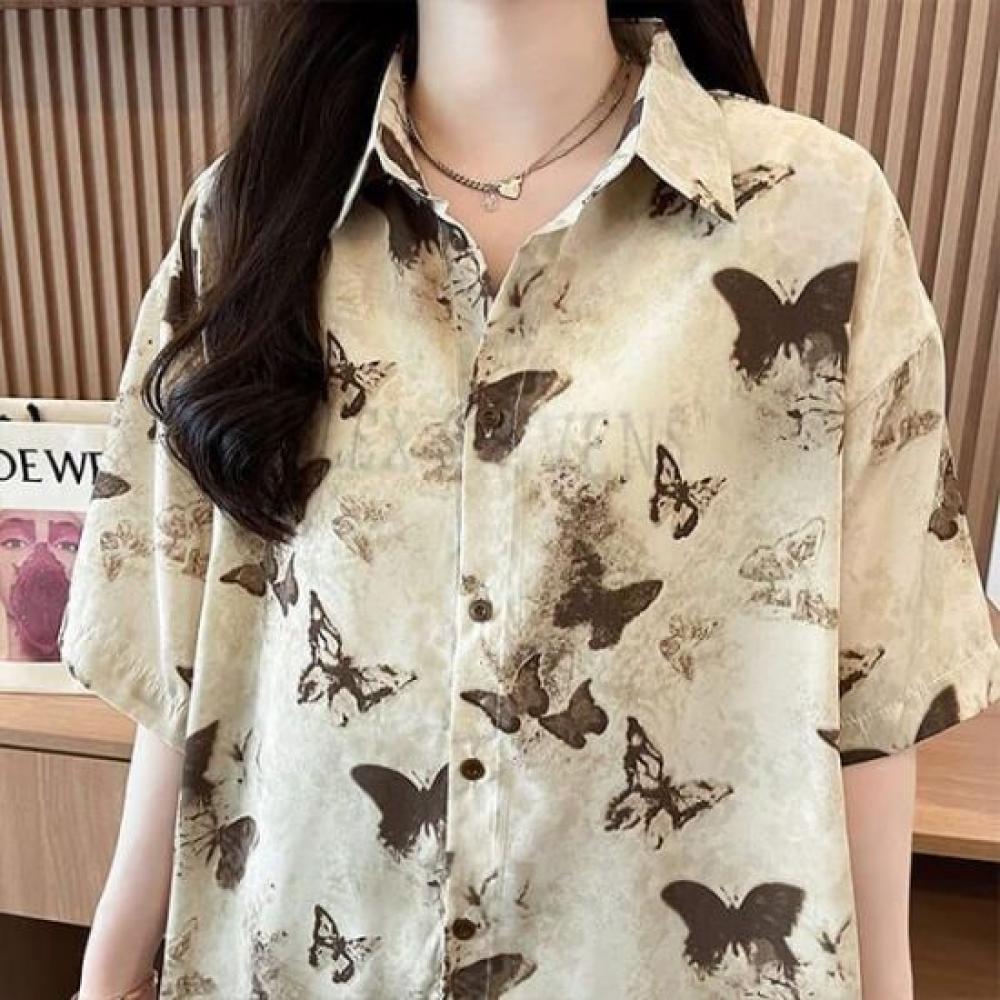 Navava Women Retro Butterfly Pattern Loose Fit Short Sleeve Shirt Nb2641