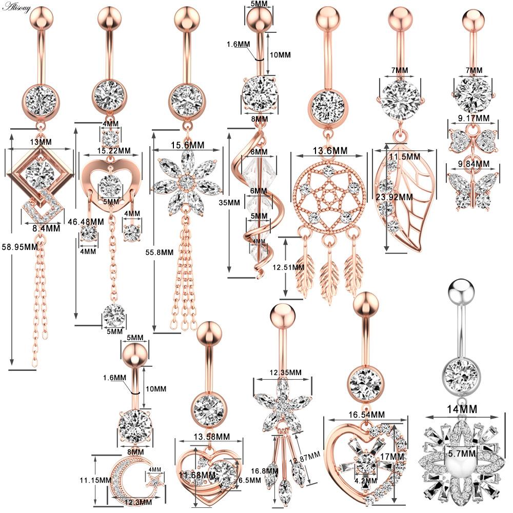 Alisouy 1pc Surgical Steel Crystal Zircon Flower Heart Leaf Bow-knot Dangle Button Navel Piercing Ring Belly Ring Body Jewelry