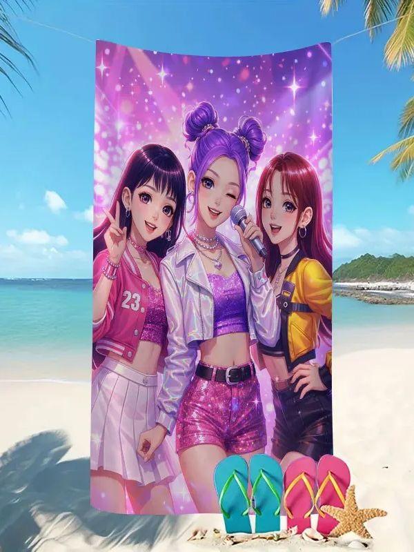 Пляжное полотенце в стиле K-pop с фиолетово-розовым градиентом, звездным светом и изображением женской группы. Подходит для пляжного отдыха. Летний подарок для друзей.