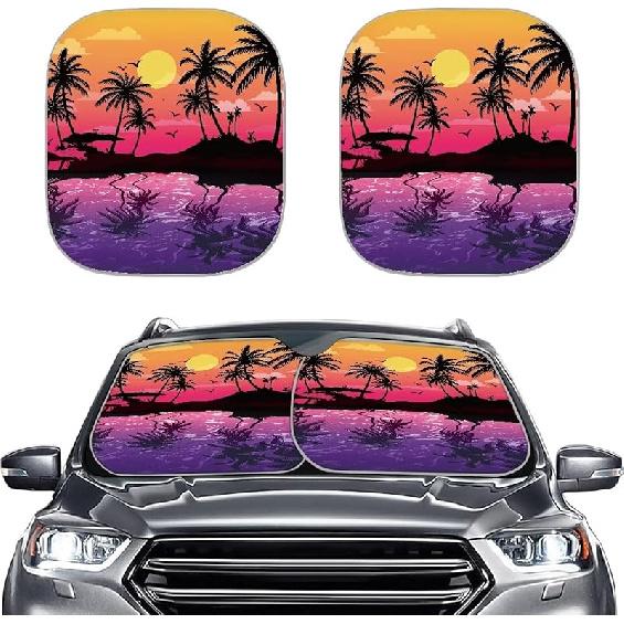 Coldinair Sunset Front Windshield Shade 2Pcs Sunshade For Car Windshield Folding Car Accessories For Truck SUV Sun Visor Protector, Tropical Palm