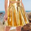 Women Skater Skirt High-Waisted Shiny Metallic Patent Faux Leather Texture Party Skirt Slimming