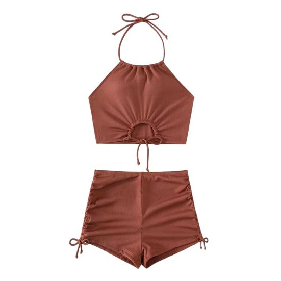 2Pcs/Set Women Summer Bikini Set Hollow Out Halter Bra High Waist Side Drawstring Swimming Trunks Set Bathing Suit Beachwear