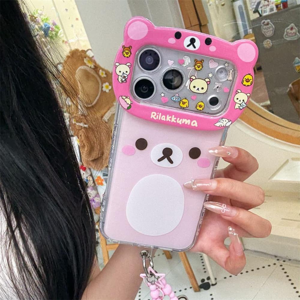 Милый 3D чехол-медвежонок Rilakkuma для iPhone 16 Pro 15 14 13 16 17 Pro Max, чехол с цепочкой, противоударный Funda, милый чехол
