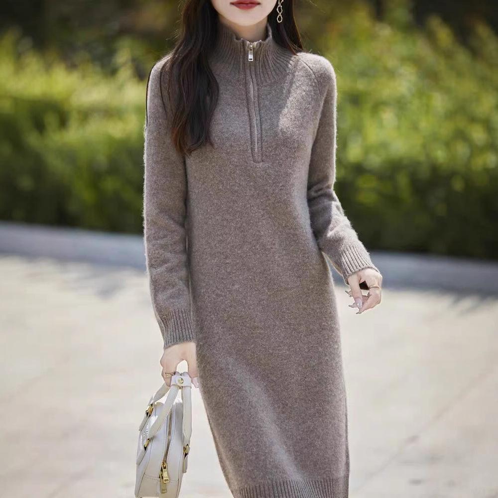 Gray Half-zipper Turtleneck Simple Knitted Primer Dress Autumn and Winter New Long Knee Sweater Skirt Women