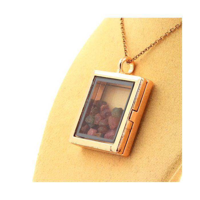 Stones and Minerals. Raw Multicolor Tourmaline Necklace. Square Model. Color Rose Gold.