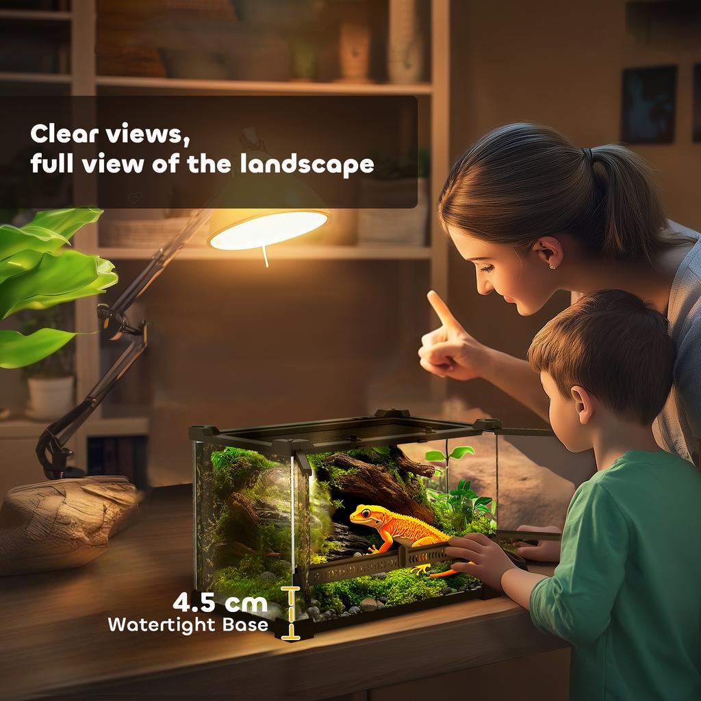 Reptile Glass Terrarium With Stone Background Front Ventilation Escape Proof Knob Lock 30 X 20 X 20 Cm Black