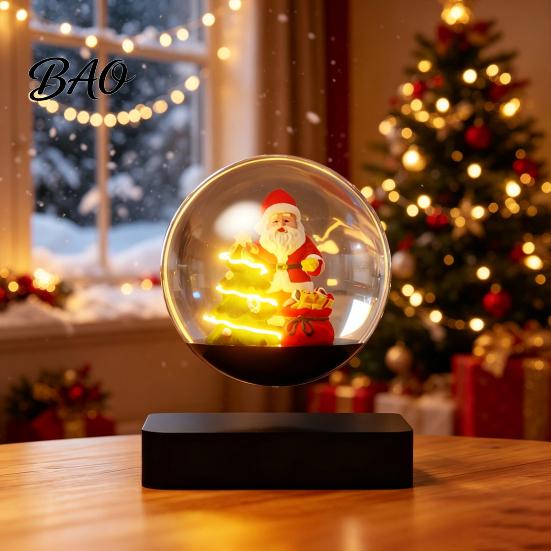 Magnetic Floating Christmas Sleigh Levitating Santa Claus Tree Ornament with LED Light, Lighted Rotating Creative Party Accessory Glass Ball
