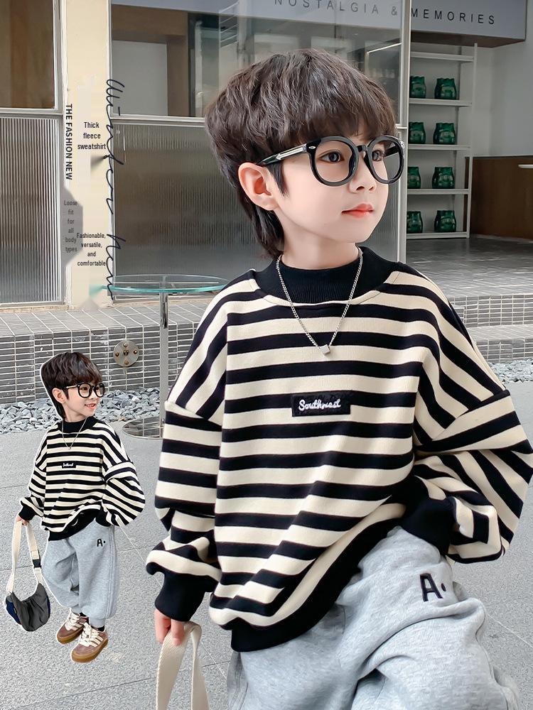 Fairy Tale Memory 2025 Boys' Striped Fleece-Lined Sweatshirt - Autumn/Winter Base Layer