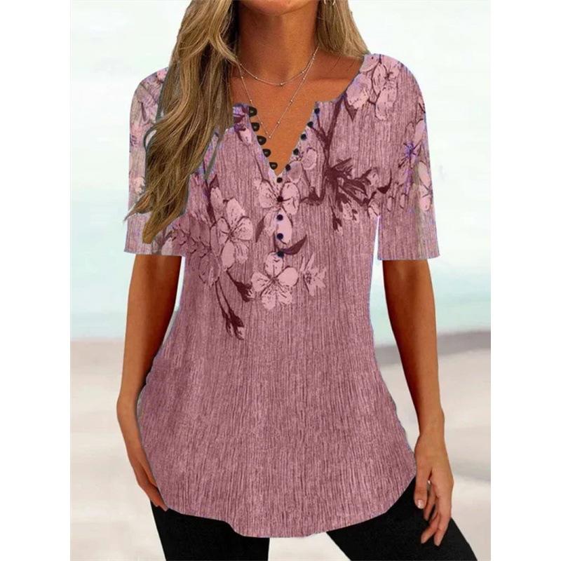 Trendy And Cool Women's Summer Loose V-neck Pullover Short-sleeved Button Printed T-shirt