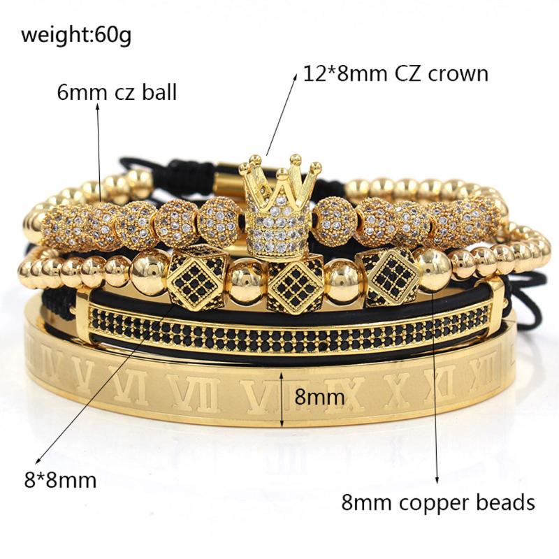 4 шт. Роскошный браслет-шарм с римскими цифрами, Королевская корона, Браслет короля, Набор браслетов с цирконами CZ, Ювелирные изделия для мужчин и женщин
