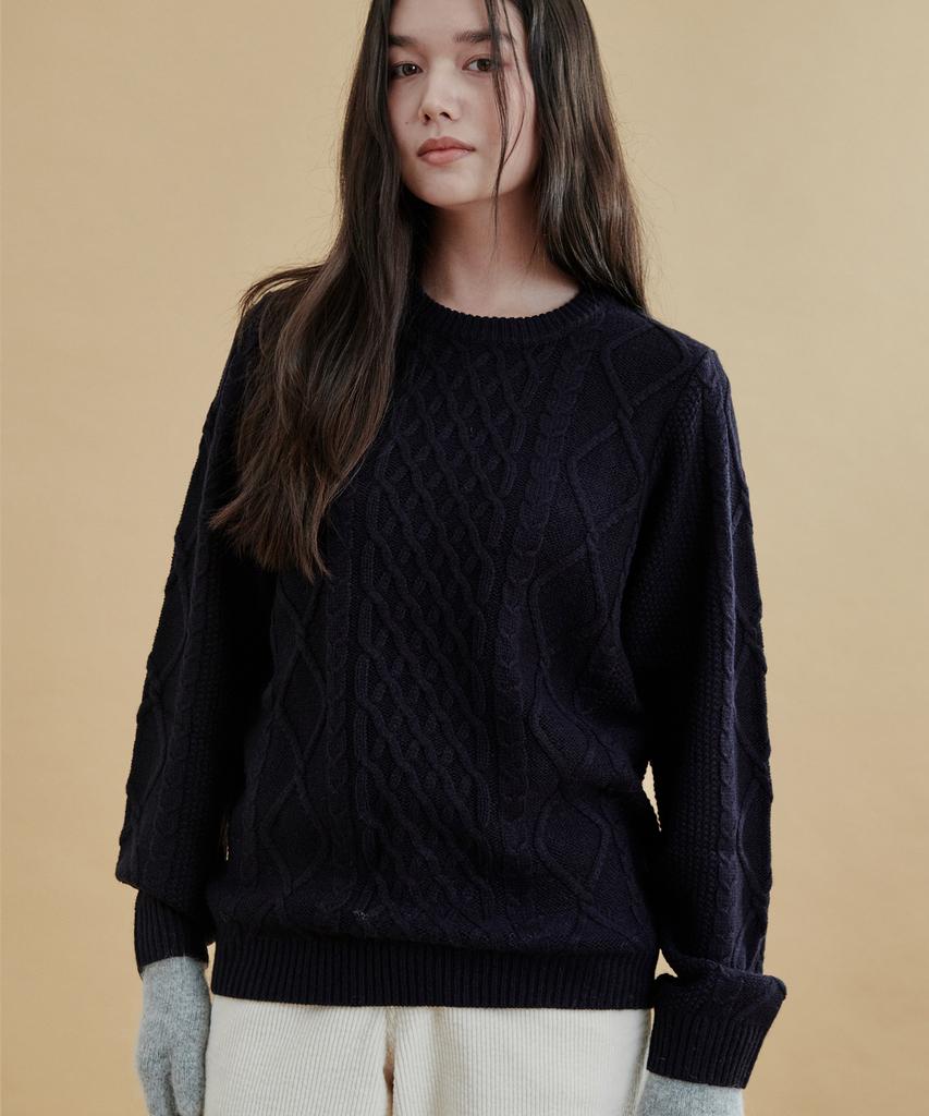 PLAC WOMEN Cable Basic Round Neck Knit Dark Navy