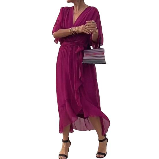 Вечернее платье с рукавами «летучая мышь», неровным оборчатым подолом, V-образным вырезом, шнуровкой на талии, плиссированным однотонным платьем миди из тонкой ткани для выпускного вечера