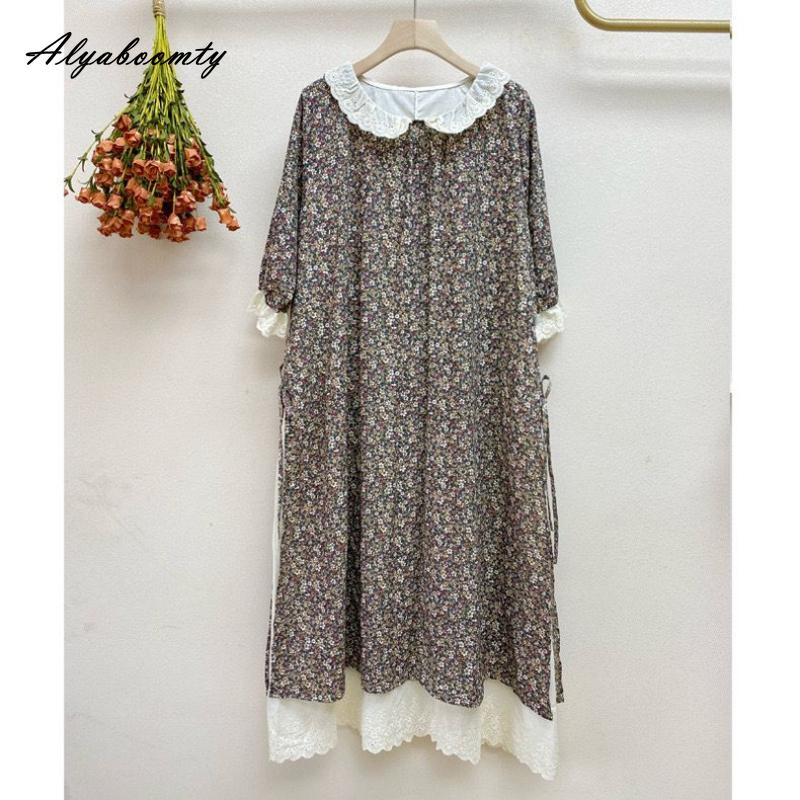 Японское летнее женское свободное платье Mori Girl с воротником Питера Пэна, лоскутное платье с вышивкой, ажурное платье из хлопка и льна, винтажное платье миди