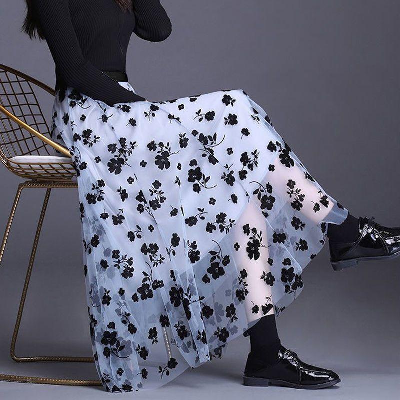 Korean Women Tulle Skirt Fashion Summer Hook Floral Loose Midi Skirt Elegant Female Casual All Match Mesh Skirts