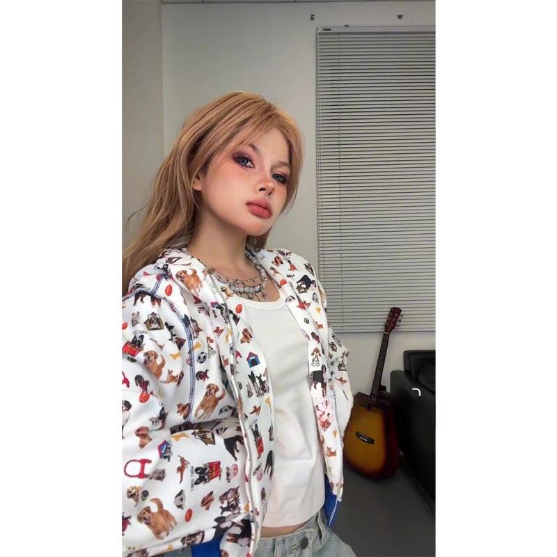 Американский ретро смешной медведь ушки капюшон кавайный собачий принт молния толстовка женская осень милый кор молния укороченная одежда