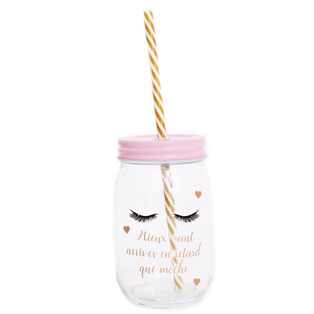 Les Trésors De Lily [R0000] - Mason Jar Glass 'Diva - Sleeping Eyes' Pink (Better To Arrive Late Than Ugly) - 13x8 Cm