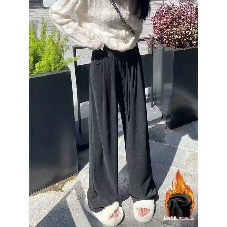 Petite Women's High-Waisted Velvet Pants: Thick, Glutinous Rice Texture, Casual, Slimming, Loose, Straight & Wide Leg, Floor-Length for Autumn/Winter.