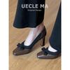 Sheepskin Version~ Square Head French Single Shoes Women's Bow Shallow Mouth Evening Shoes Temperament Not Tired Feet Thick Heels High Heels