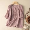 Summer Round Neck Mid Sleeve Embroidered Blouse Casual Women Tops Art Retro Loose Cotton Linen Blouses