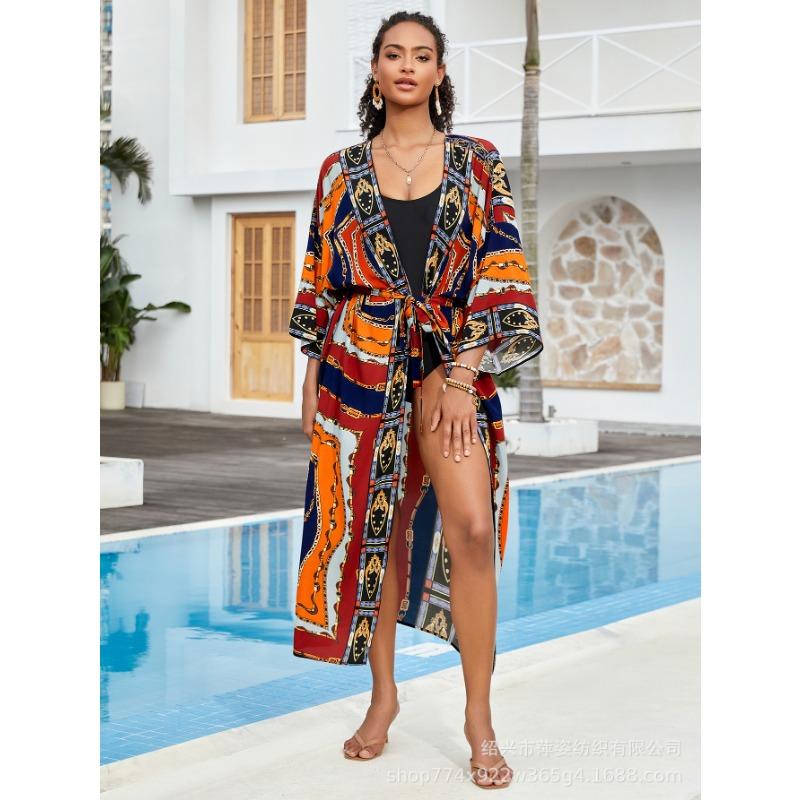 Плюс Размер Женский Пляжный Принт Кардиган Бикини Солнцезащитный Купальник С Накидкой