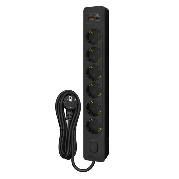 Multiprise SELDUR G6TH32S, 6 prises type F + interrupteur, USB A+C charge rapide 20W, Noir, câble 3m
